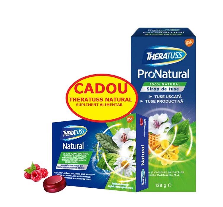 Theratuss Pronatural Sirop de Tuse 128g+Theratus Natural Zmeura x 16cpr supt Cadou
