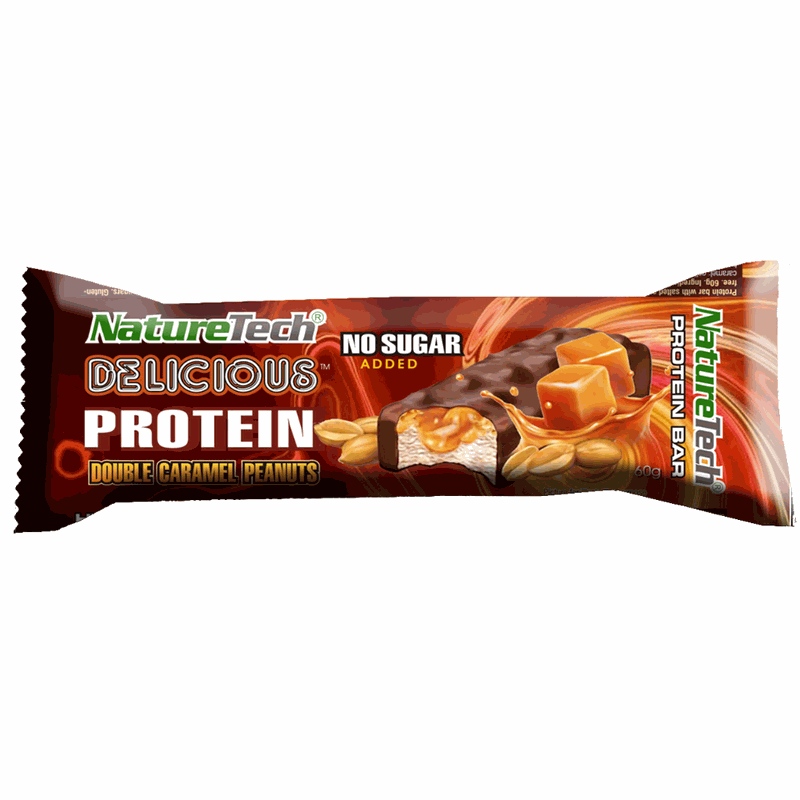 NatureTech Baton Delicious Protein Dublu Caramel si Alune 60g