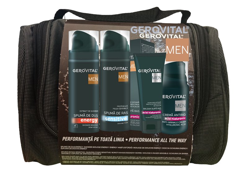 Gerovital Men Borseta Gel de Dus 200ml+Spuma de Ras 200ml+Balsam dupa Ras 100ml+Cr Antirid 50ml
