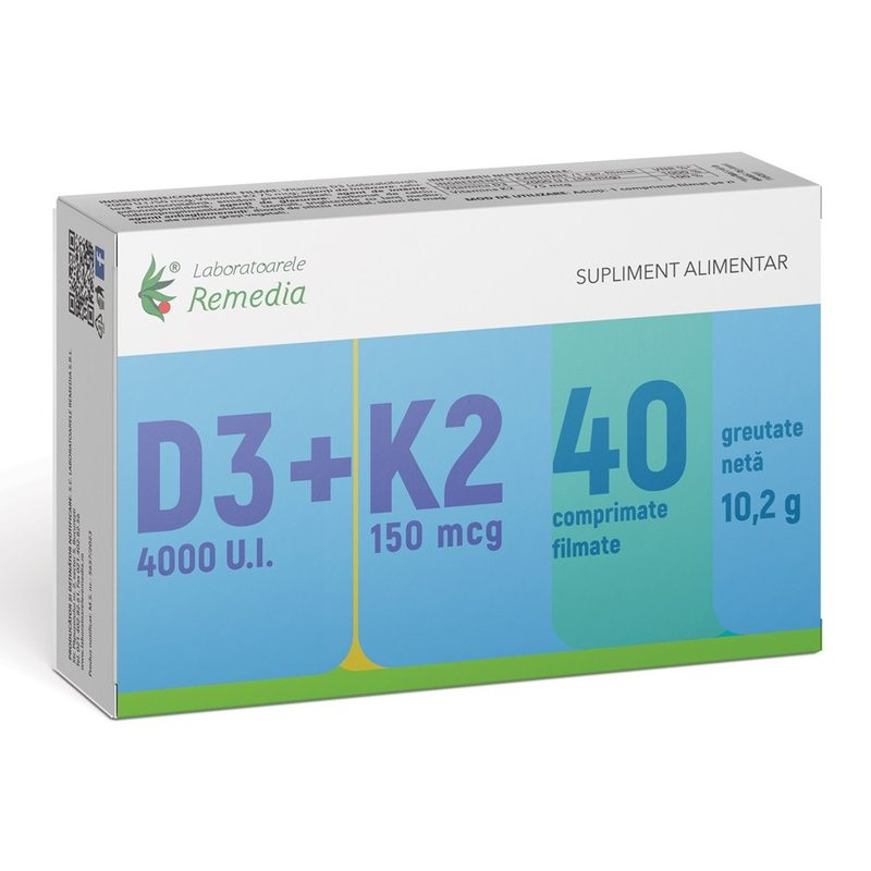 Vitamina D3 4000UI+K2 150mcg x 40cpr film Remedia