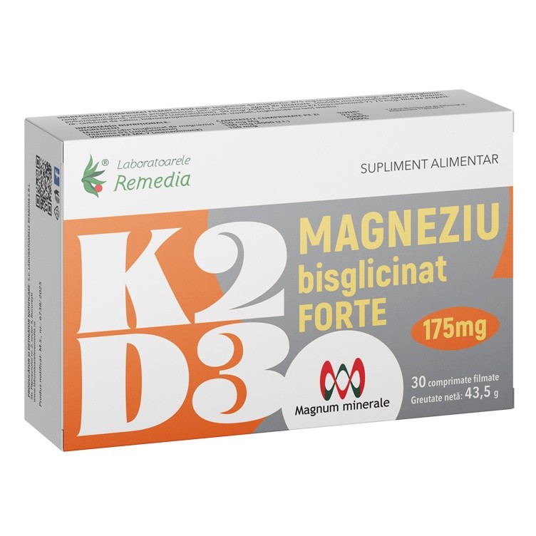 K2+D3+Magneziu Bisglicinat Forte 175mg x 30cpr film Remedia