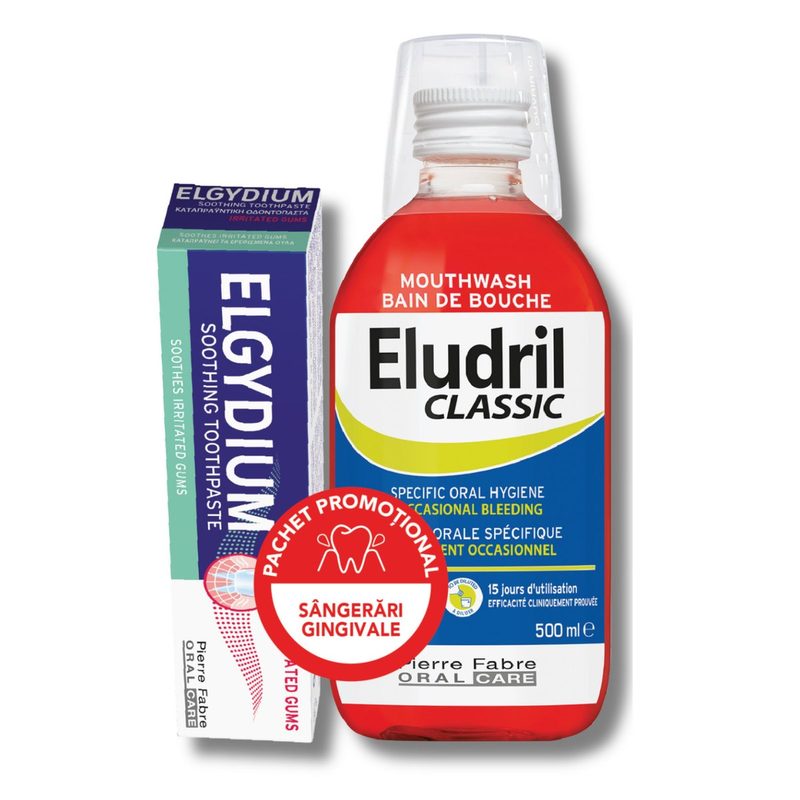 Eludril Classic Apa de Gura 500ml+Elgydium Pasta de Dinti Gingii Iritate 75ml Pachet Avantajos
