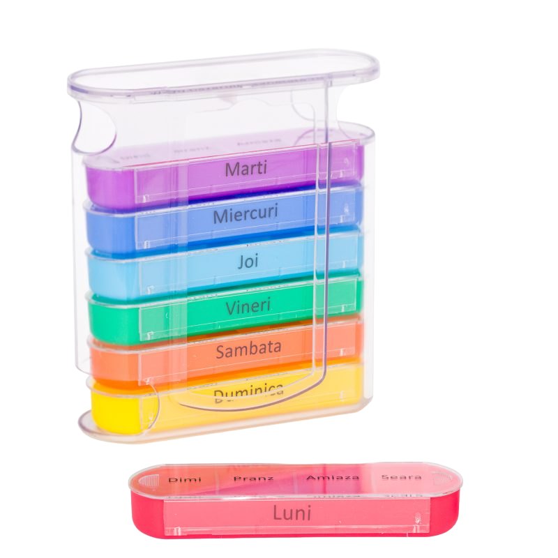 Organizator Medicamente Saptamanal x 4 Casete Colorate/Zi Cutie Transparenta BS