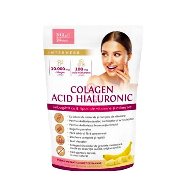 Pulbere Instant de Colagen si Acid Hialuronic cu Gust de Banane Shake 312g Interherb