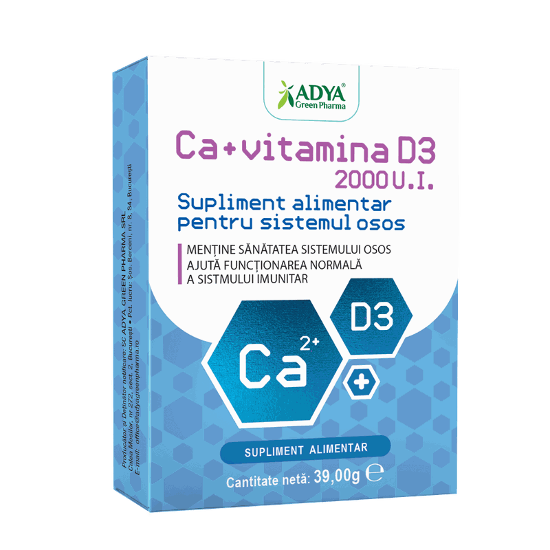 Calciu 400mg + Vitamina D3 2000UI x 30cpr mast Adya Green