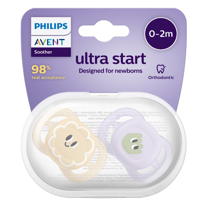Avent Philips SCF075/03 Suzete Ultra Start Bej/Lila Eyes 0-2luni x 2buc